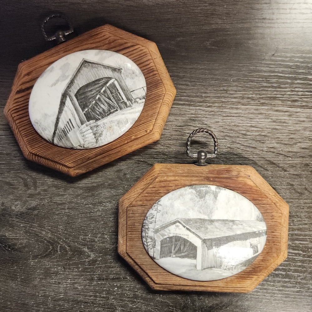 Vintage Mid Century Modern Covered Bridge Sketch Art Wooden Plaque Black & White